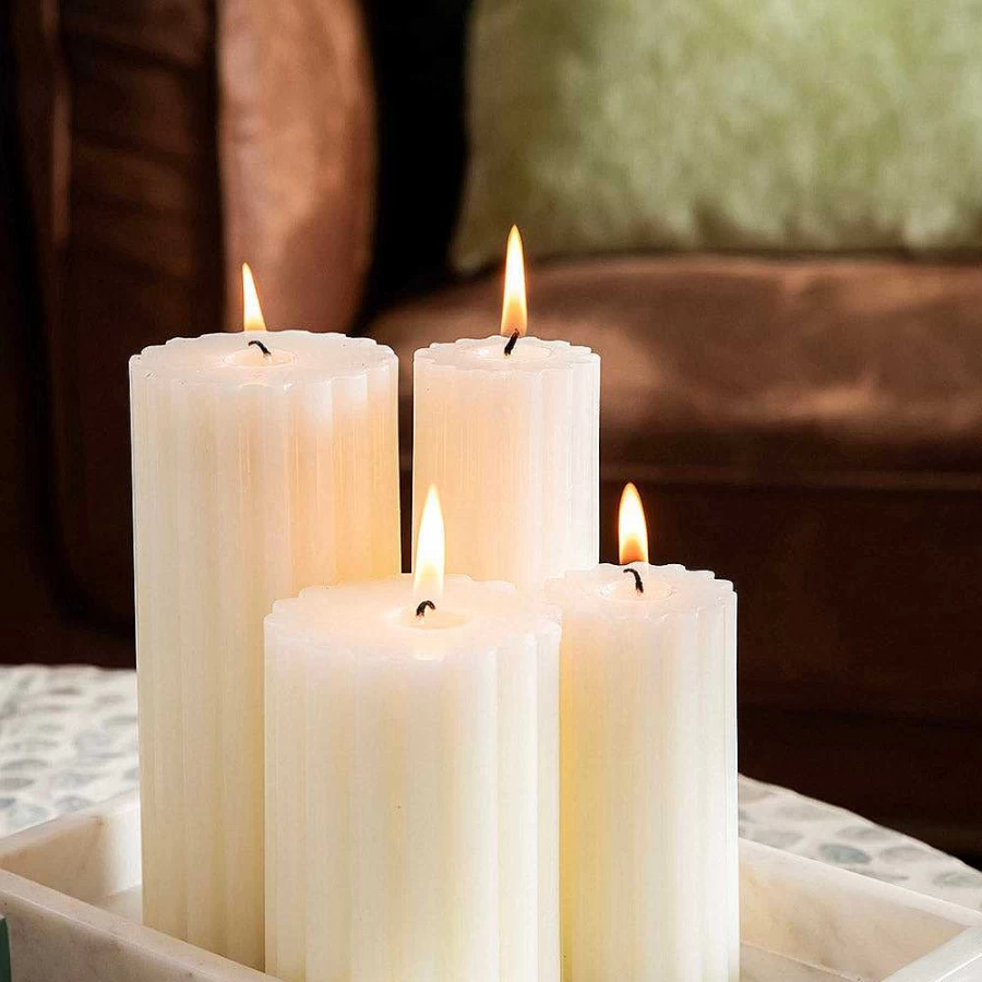 Wheel and Barrow White Ribbed Pillar Candle 7x15cm - Elegant Home Decor