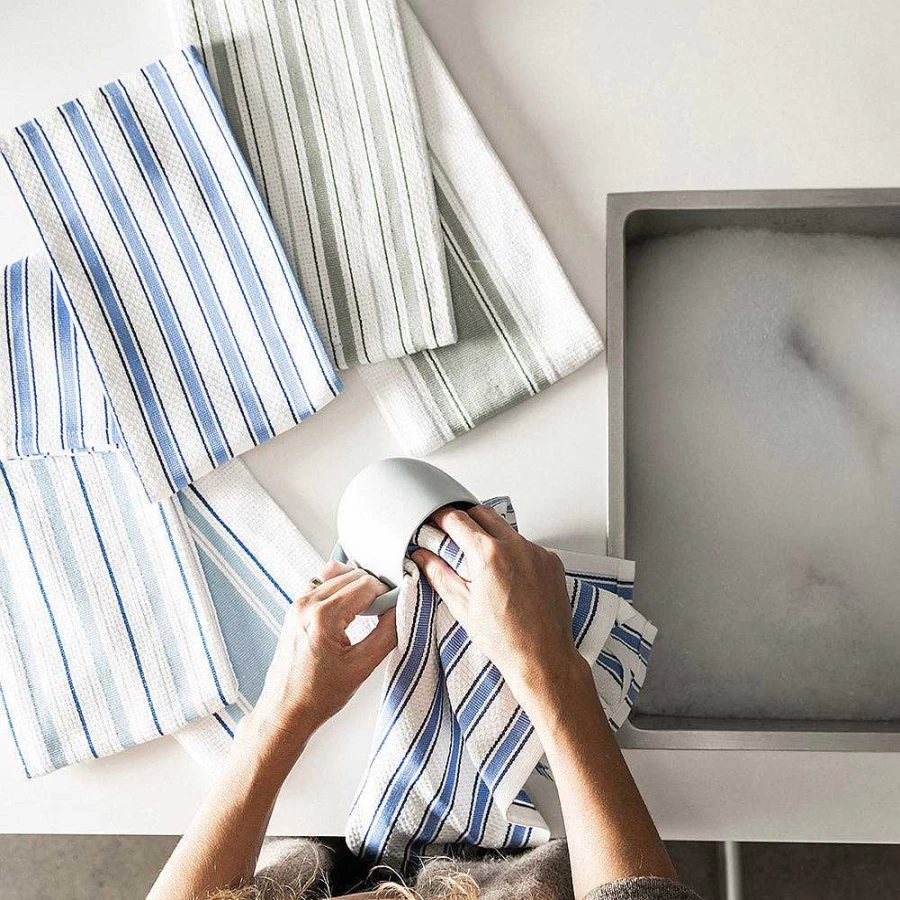 Wheel & Barrow 4-Piece Blue and White Striped Tea Towel Set - Premium Kitchen Linens