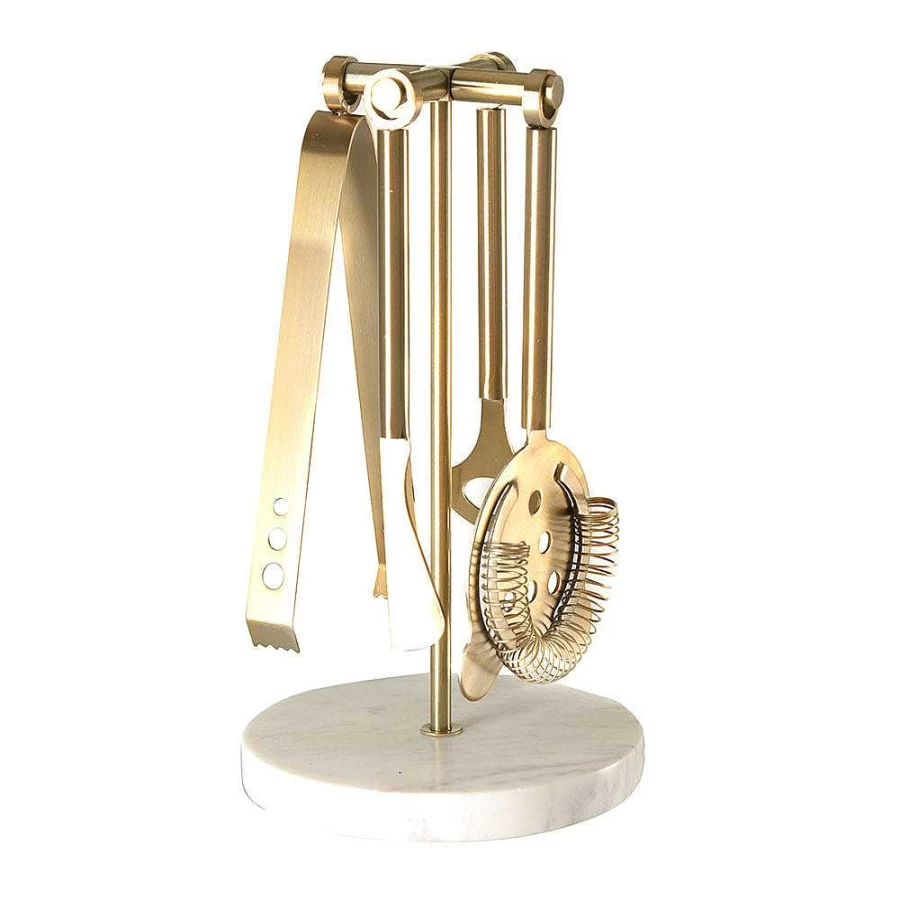 Wheel and Barrow Gold Stainless Steel Bar Tool Set with Marble Base - Premium Cocktail Accessories