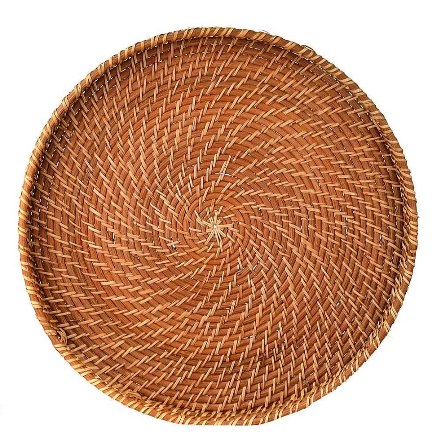 "Wheel & Barrow Large Honey Brown Round Rattan Tray with Handles – 45cm x 35cm"