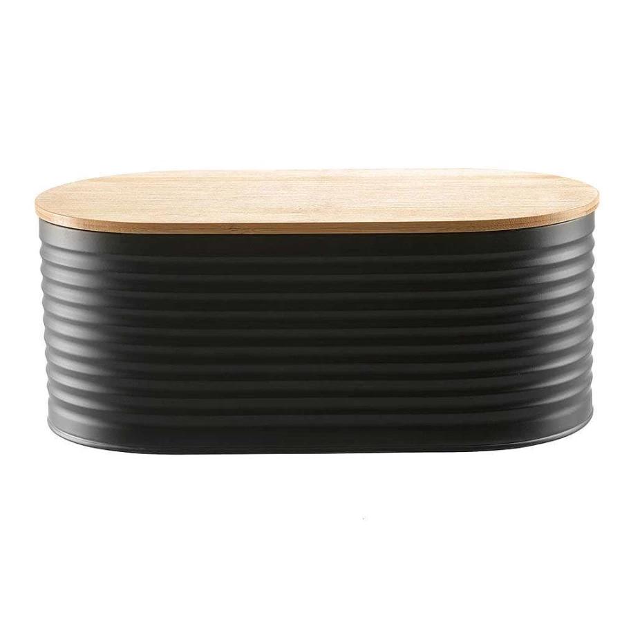 Wheel and Barrow Black Metal Bread Bin with Bamboo Lid - 34x19x13cm Kitchen Storage Container