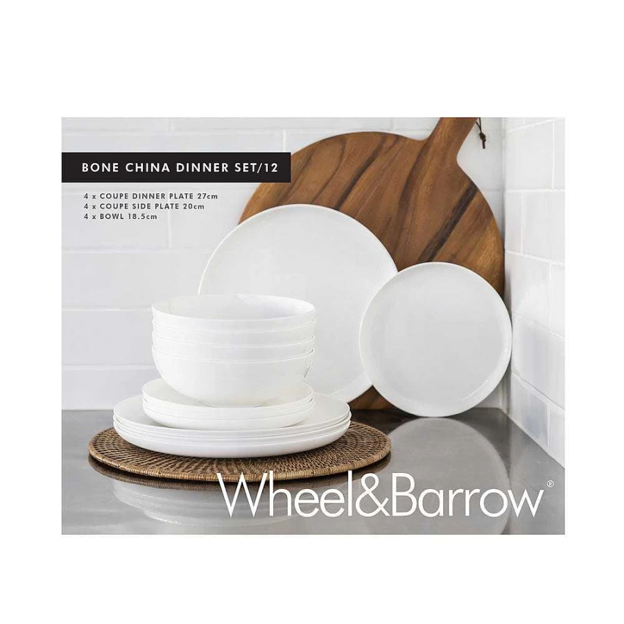 Wheel & Barrow 12-Piece White Bone China Coupe Dinner Set - Elegant Porcelain Tableware
