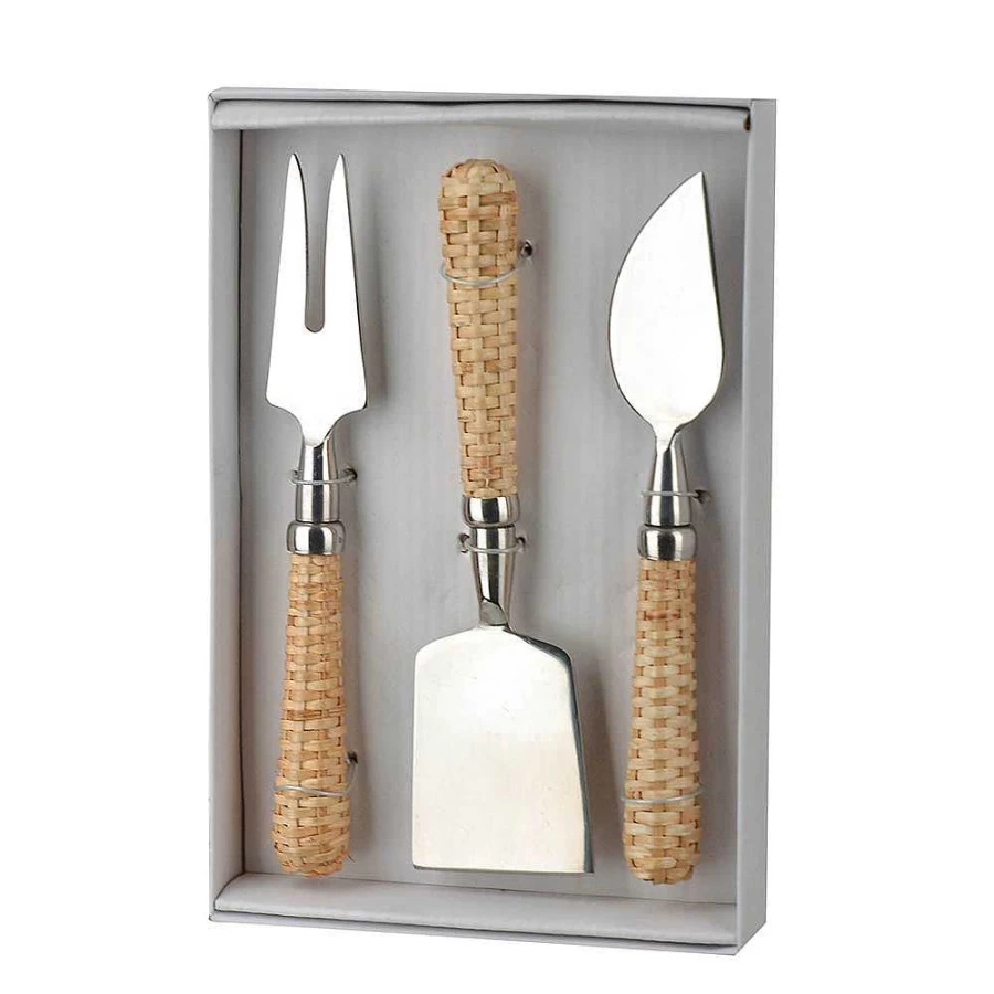 Wheel and Barrow 3-Piece Cheese Knife Set with Rattan Handles - Stainless Steel Blades for Gourmet Cheese Cutting