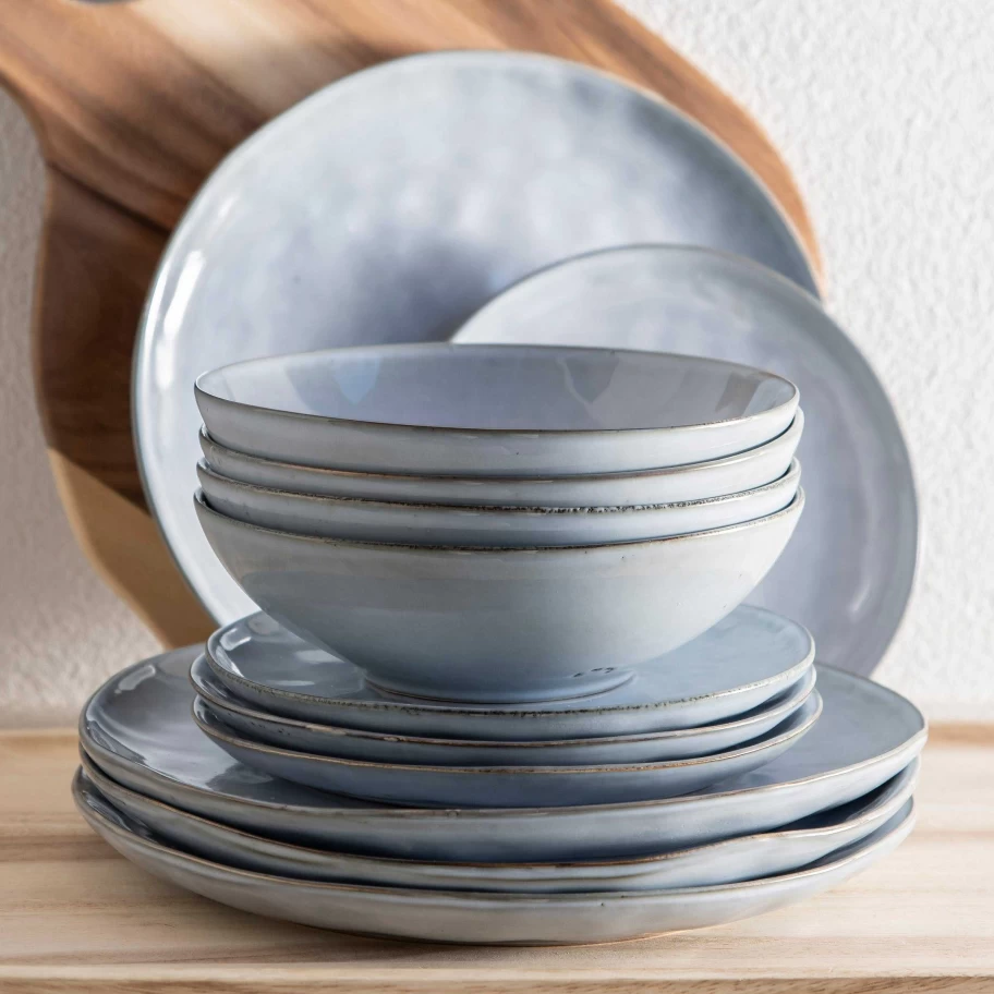 Wheel and Barrow Light Blue Stoneware 12-Piece Dinner Set - Durable Ceramic Tableware for Everyday Use