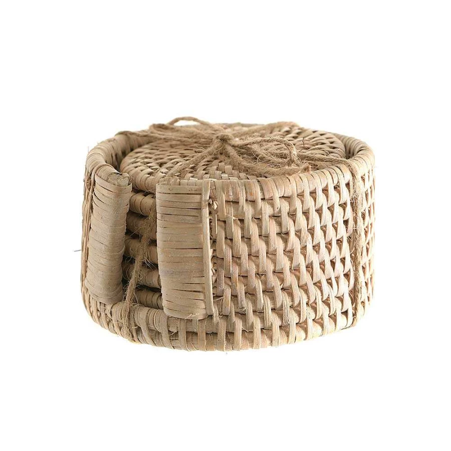 Wheel and Barrow White Rattan Coasters Set of 6 - Natural Fiber Drink Coasters for Home Decor