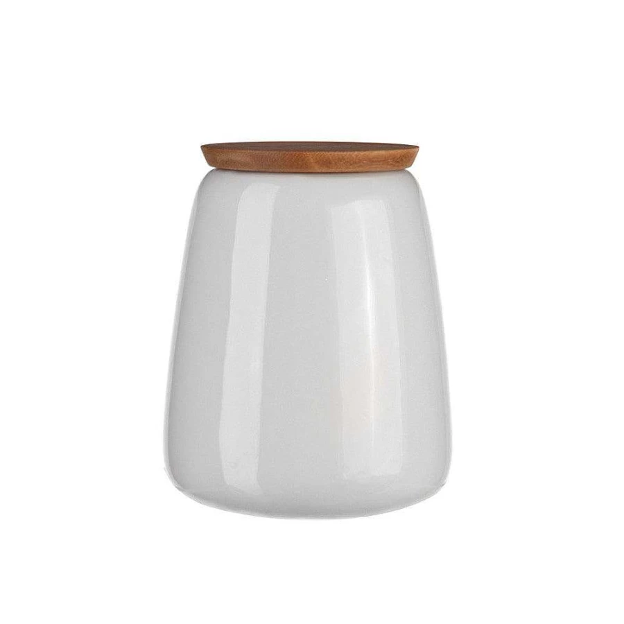Wheel and Barrow White Bone China Canister with Wooden Lid - 13x15cm Storage Jar