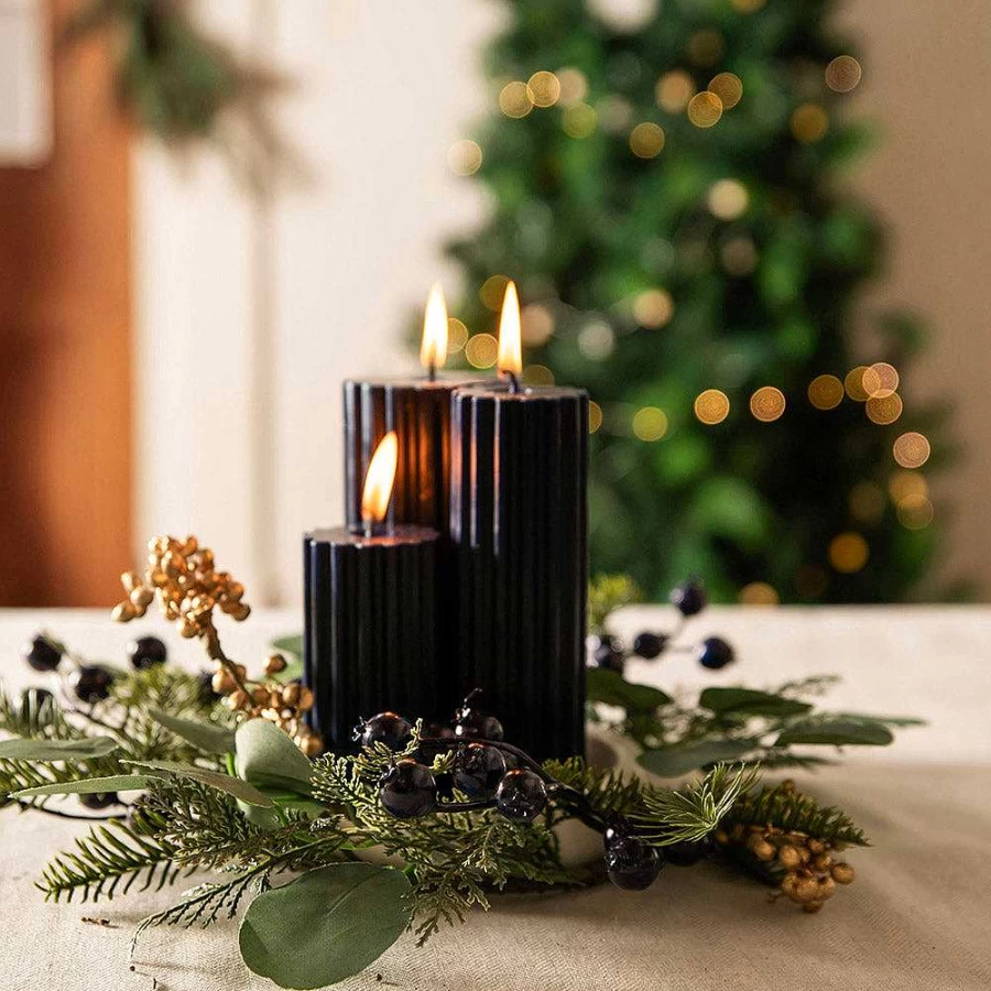 Wheel & Barrow Navy Blue Ribbed Pillar Candle - 5cm x 15cm Handmade Decorative Scented Candle for Home & Gifts