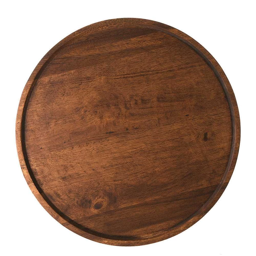 Wheel and Barrow Round Acacia Wood Serving Tray 48cm Dark Brown - Handcrafted Rustic Wooden Charcuterie Board