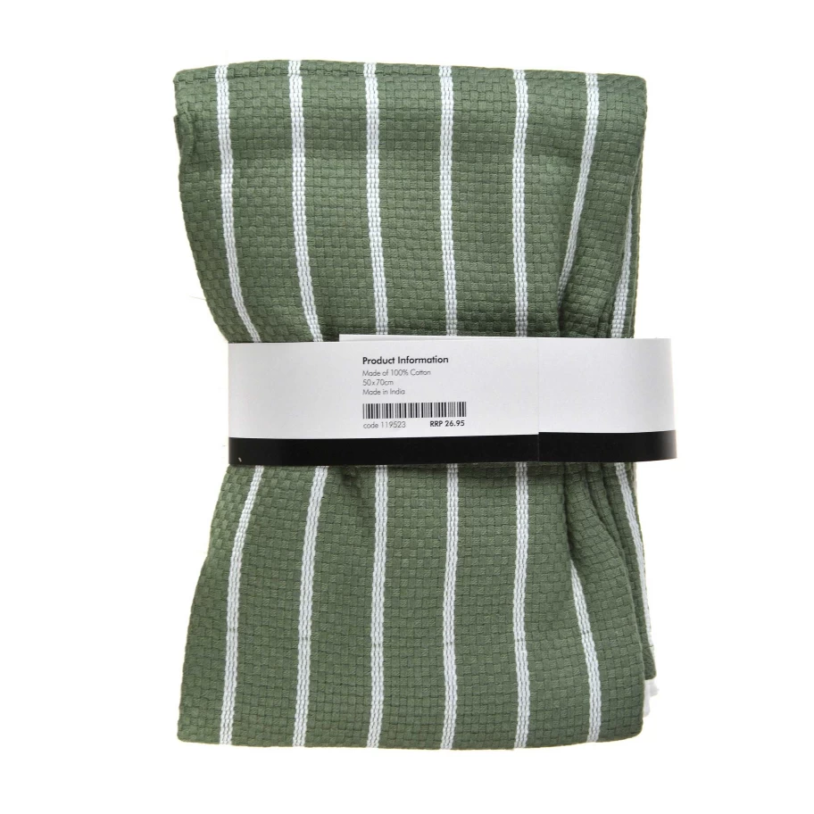 Wheel & Barrow 4-Piece Green and White Striped Tea Towel Set - Kitchen Linens