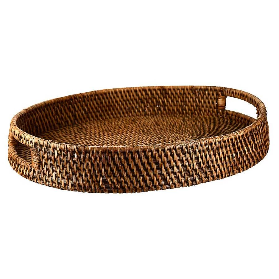 Wheel & Barrow Dark Brown Rattan Oval Serving Tray with Handles - 45cm x 35cm Natural Weave Basket