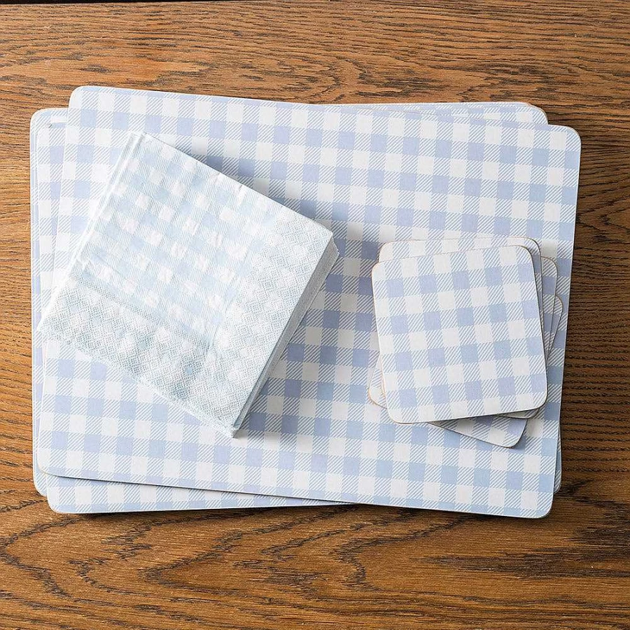 Wheel and Barrow Square Cork Backed Coasters Set of 4 - Blue Gingham Design 12.5cm for Drink Protection