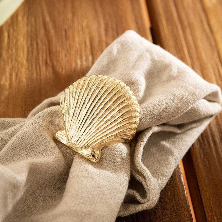 Wheel and Barrow Champagne Gold Shell Napkin Ring Set of 4 - Elegant Tableware Decor