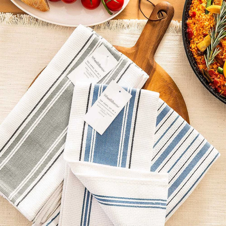 Wheel & Barrow 4-Piece Blue and White Striped Tea Towel Set - Premium Kitchen Linens