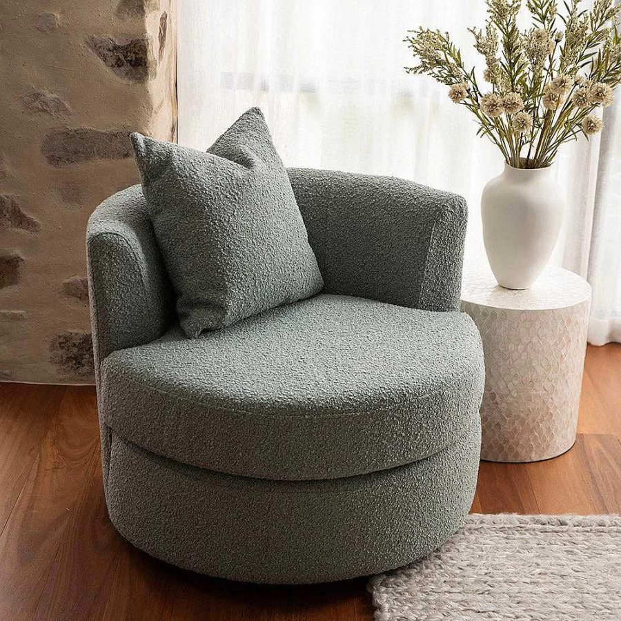 "Wheel and Barrow Swivel Chair in Sage Green Boucle Fabric – 87cm Height, 82cm Width, 80cm Depth"