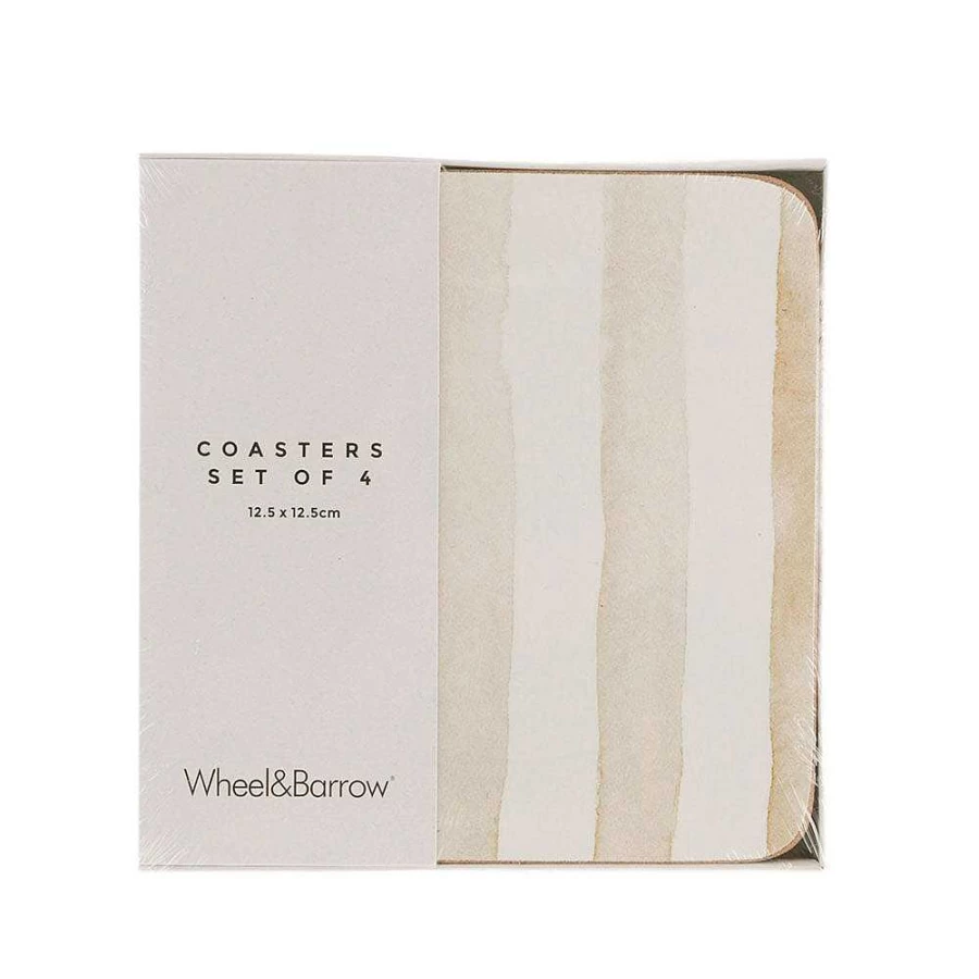 Wheel and Barrow Square Cork Coasters Set of 4 - 12.5cm Neutral Stripe Drink Coasters for Table Protection