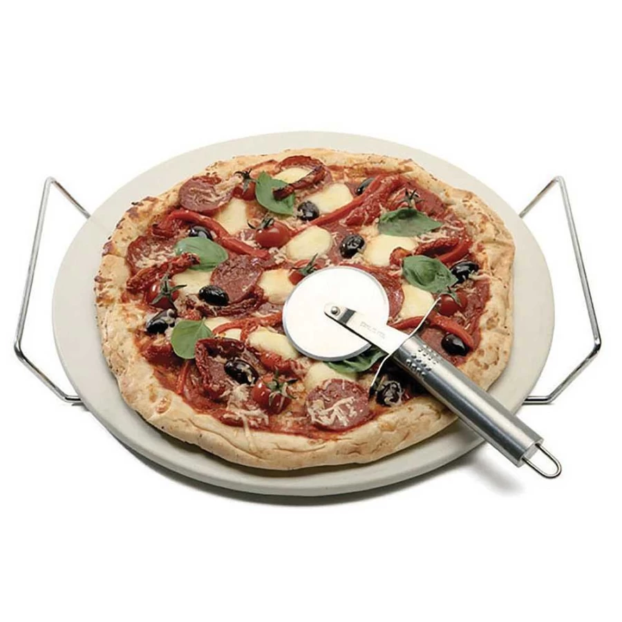 Wheel and Barrow 33cm Pizza Stone with Cooking Rack & Stainless Steel Pizza Cutter – Premium Baking Stone for Oven and Grill