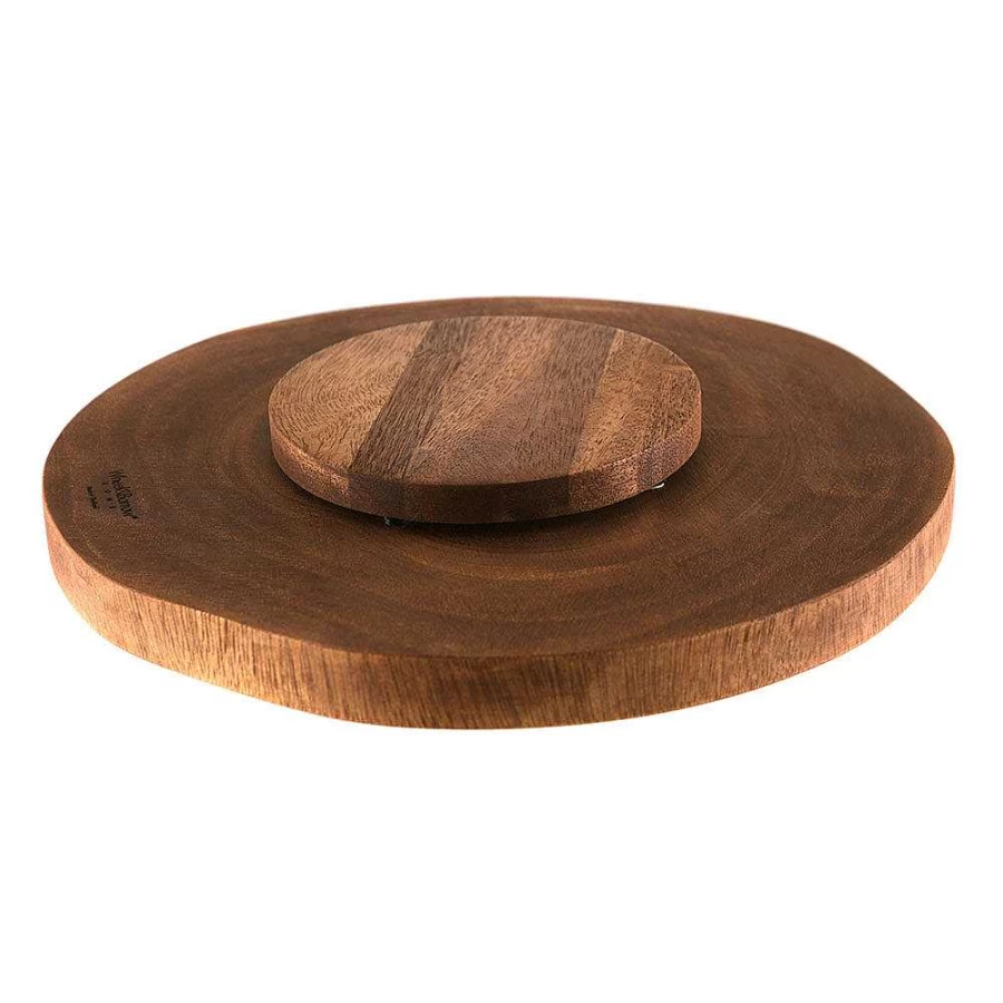 Wheel and Barrow Acacia Wood Lazy Susan Turntable - 31.5cm Round Serving Tray for Dining & Entertaining