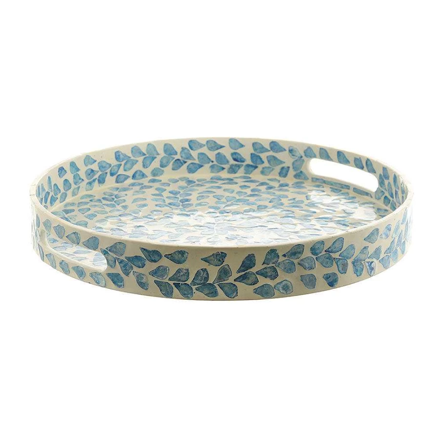 "Wheel and Barrow Decorative Bamboo and Capiz Tray with White and Blue Leaf Design – 40cm x 5cm"