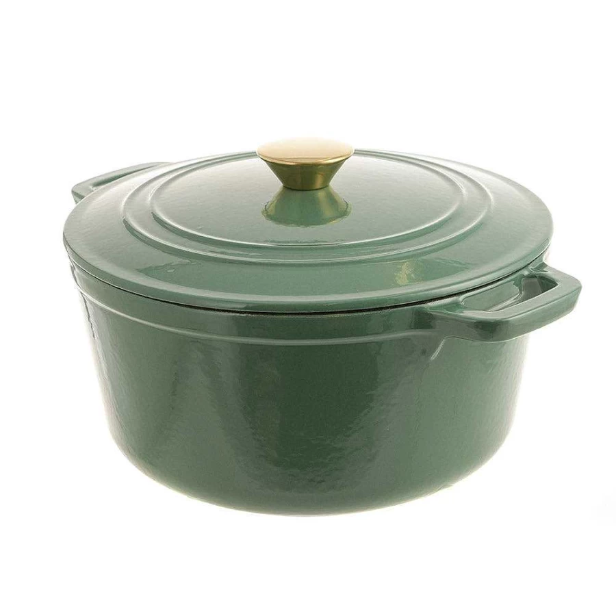 Wheel and Barrow 4.6L Round Cast Iron Casserole Pot - 25.5cm Enameled Dutch Oven, Green Color, Stovetop & Oven Safe