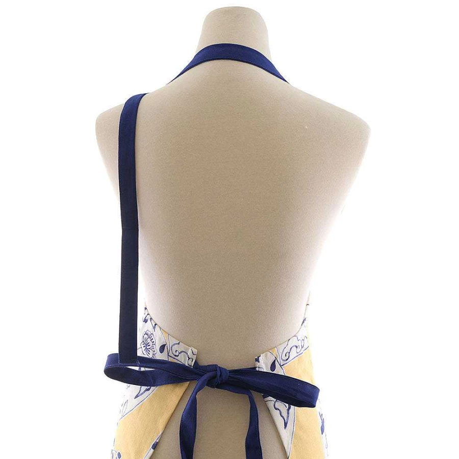 "Wheel and Barrow Blue White & Yellow Teapot Print Apron - Vintage Kitchen Apron with Floral Design"