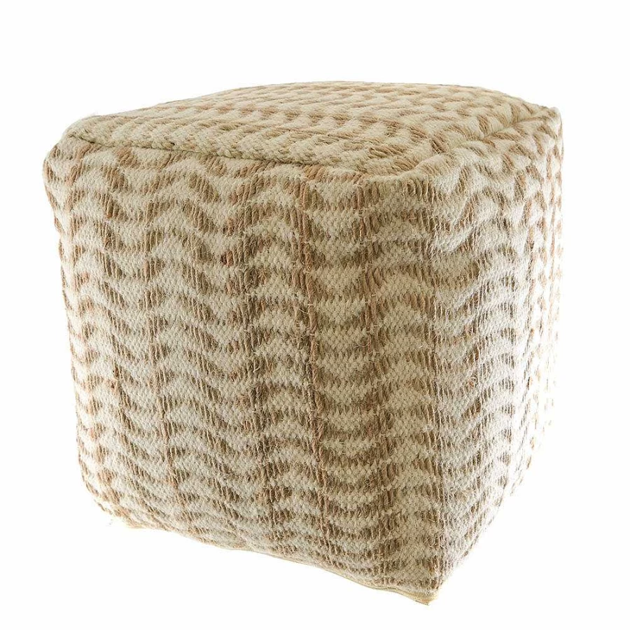 Wheel and Barrow Natural/Ivory Pouff Ottoman 40x40cm - Handwoven Cotton Footstool for Living Room