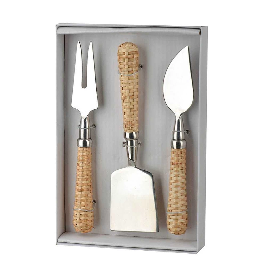 Wheel and Barrow Cheese Knife Set with Rattan Handle - 3 Piece Stainless Steel Cheese Cutlery for Charcuterie Boards