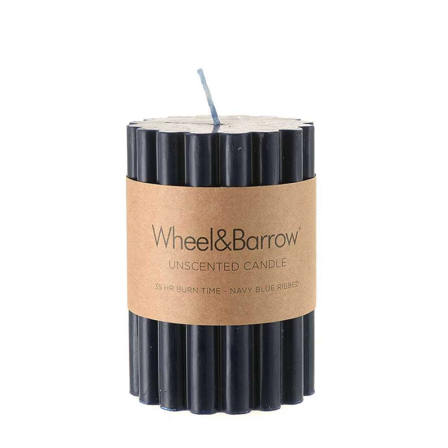 Wheel and Barrow Navy Blue Ribbed Pillar Candle - 7x10cm Handmade Decorative Scented Candle for Home Decor