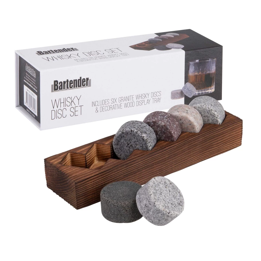 Wheel and Barrow Whisky Disc Set with Wood Base - 6 Piece Premium Scotch Tasting Kit