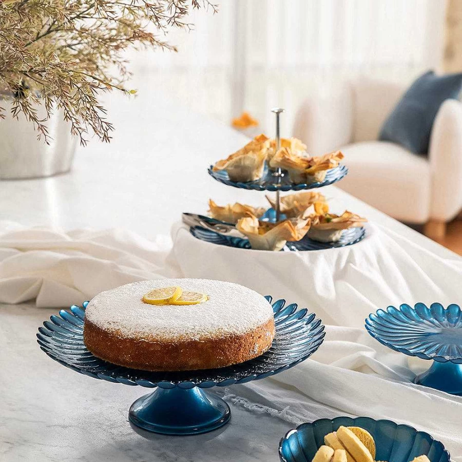 Wheel and Barrow 2-Tier Cake Stand with Silver Stem in Cornflower Blue - Elegant Rola Design for Desserts