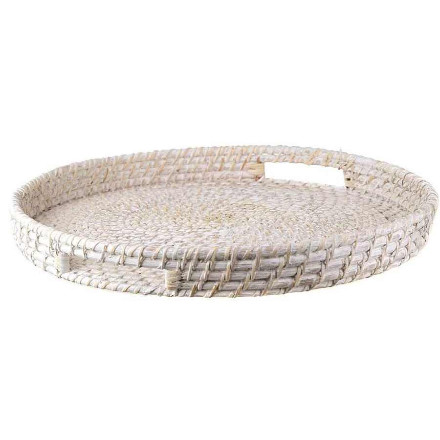 Wheel and Barrow White Washed Rattan Serving Tray - Large 45cm x 8cm - Natural Woven Basket