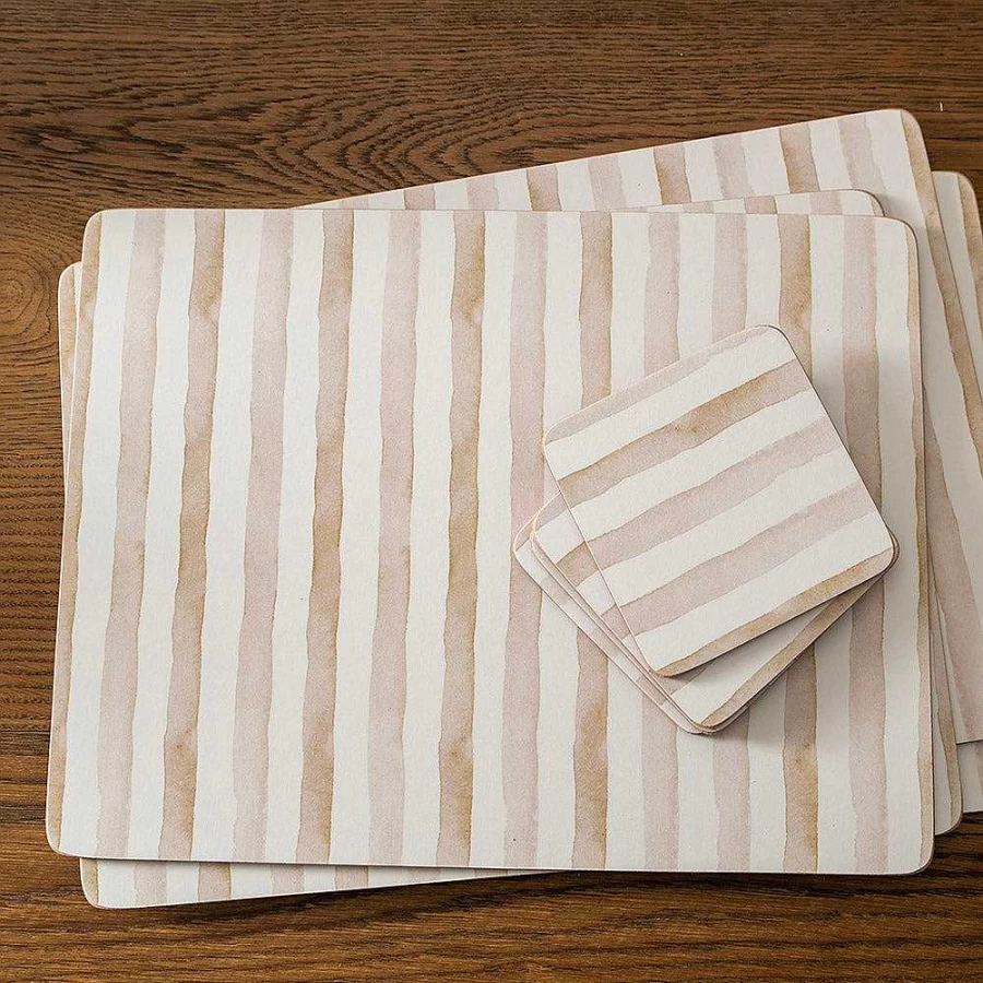 Wheel and Barrow Square Cork Coasters Set of 4 - 12.5cm Neutral Stripe Drink Coasters for Table Protection