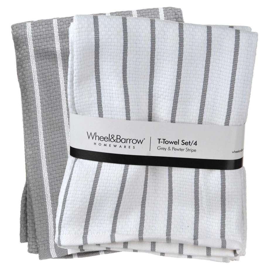 Wheel and Barrow 4-Piece Grey and Pewter Stripe Tea Towel Set - Premium Kitchen Linens