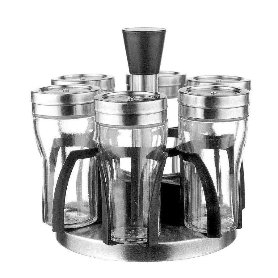 "Wheel and Barrow 7-Piece Stainless Steel Spice Set with Storage Rack"