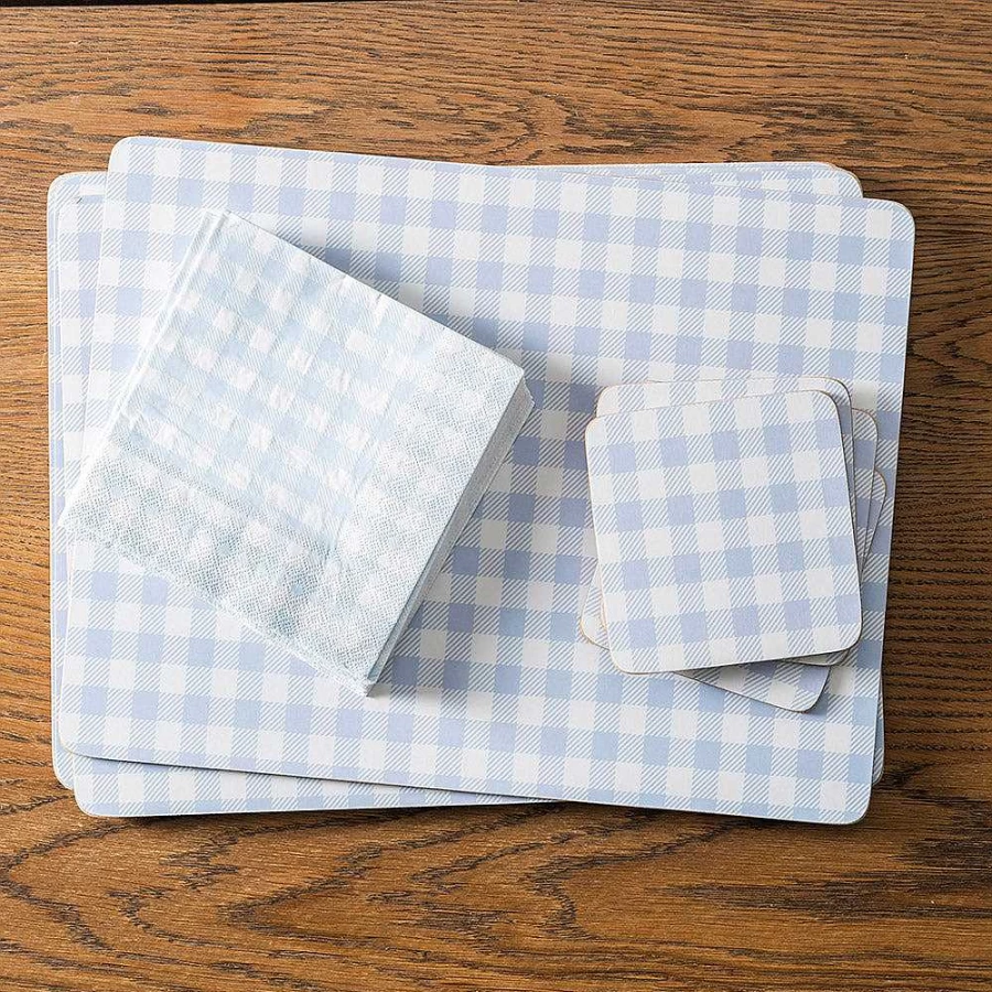 Wheel and Barrow Square Cork Backed Coasters Set of 4 - Blue Gingham Design 12.5cm