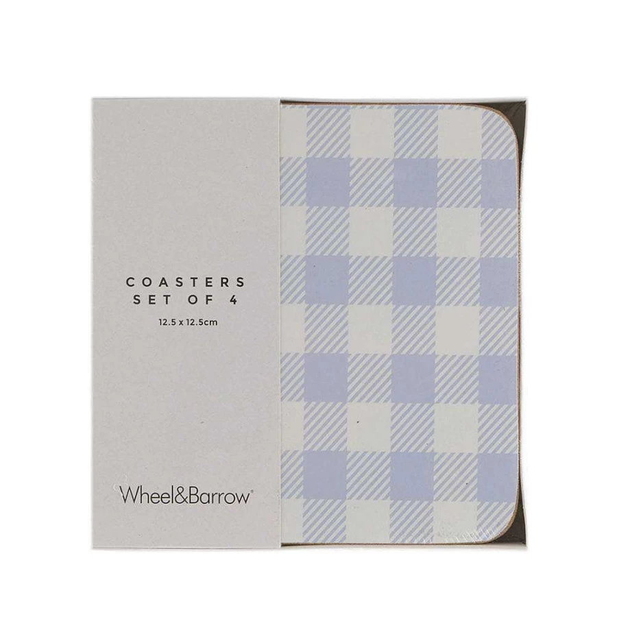 Wheel and Barrow Square Cork Backed Coasters Set of 4 - Blue Gingham Design 12.5cm