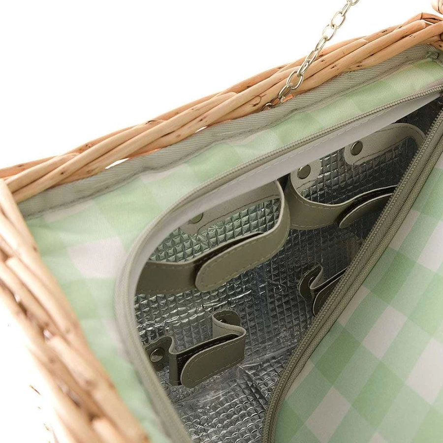 Wheel and Barrow 4-Person Picnic Basket with Natural Wicker and Green Gingham Lining