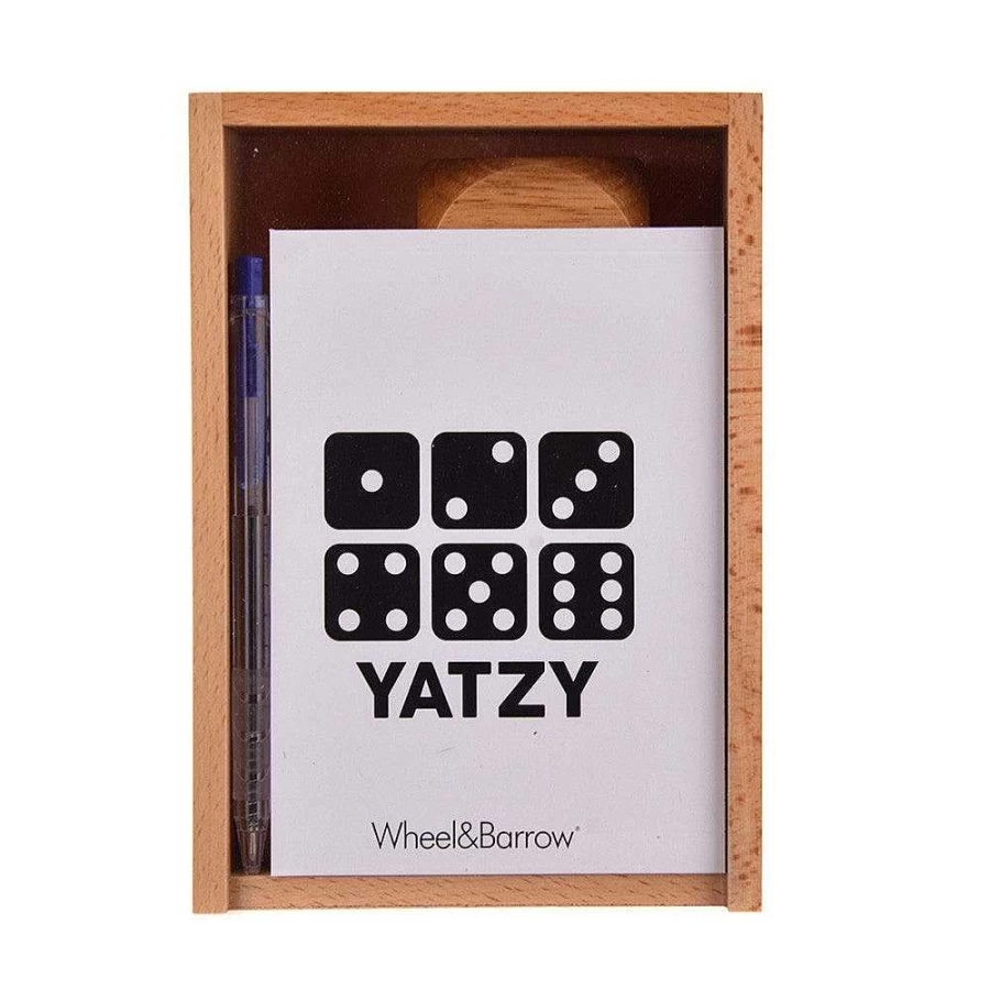 Wheel and Barrow Wooden Yatzee Dice Game Set - Classic Family Board Game with 5 Dice, Scoreboard, and Storage Box