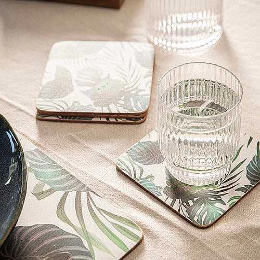 Wheel and Barrow Square Cork Backed Coasters Set of 4 - 12.5cm Tropical Leaf Design