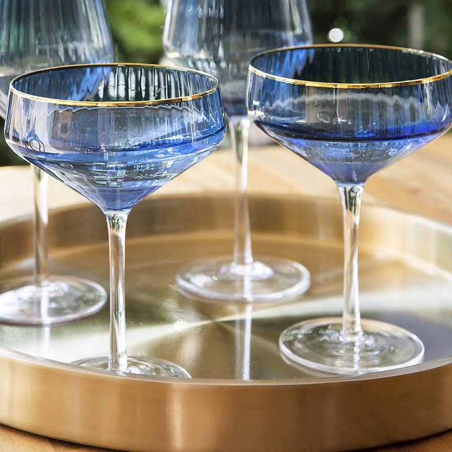 Wheel and Barrow Optic Coupe Glass 255ml - Navy Blue with Gold Rim - Elegant Drinking Glass for Cocktails and Beverages