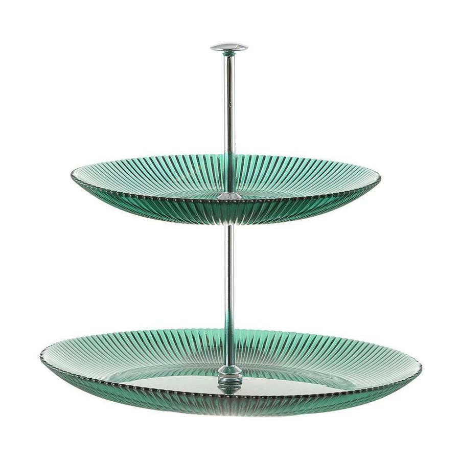 Wheel and Barrow 2-Tier Green Cake Stand with Silver Stem for Wedding and Dessert Display