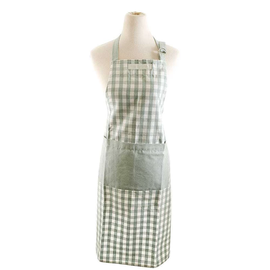Wheel and Barrow Green Gingham Apron with Solid Pocket and Adjustable Ties - 70x90cm Kitchen Bib