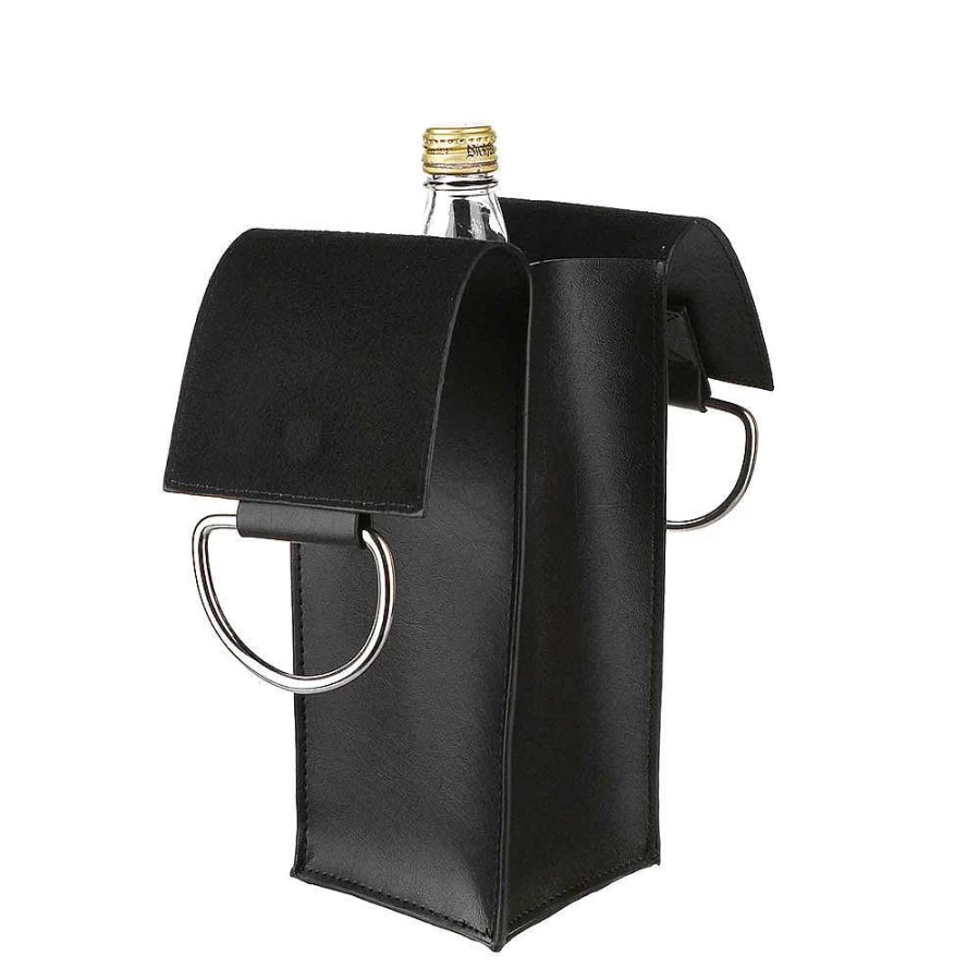 Wheel and Barrow Single Bottle Leather Wine Carrier with Handle - Elegant Black Tote for Wine Gifts and Travel