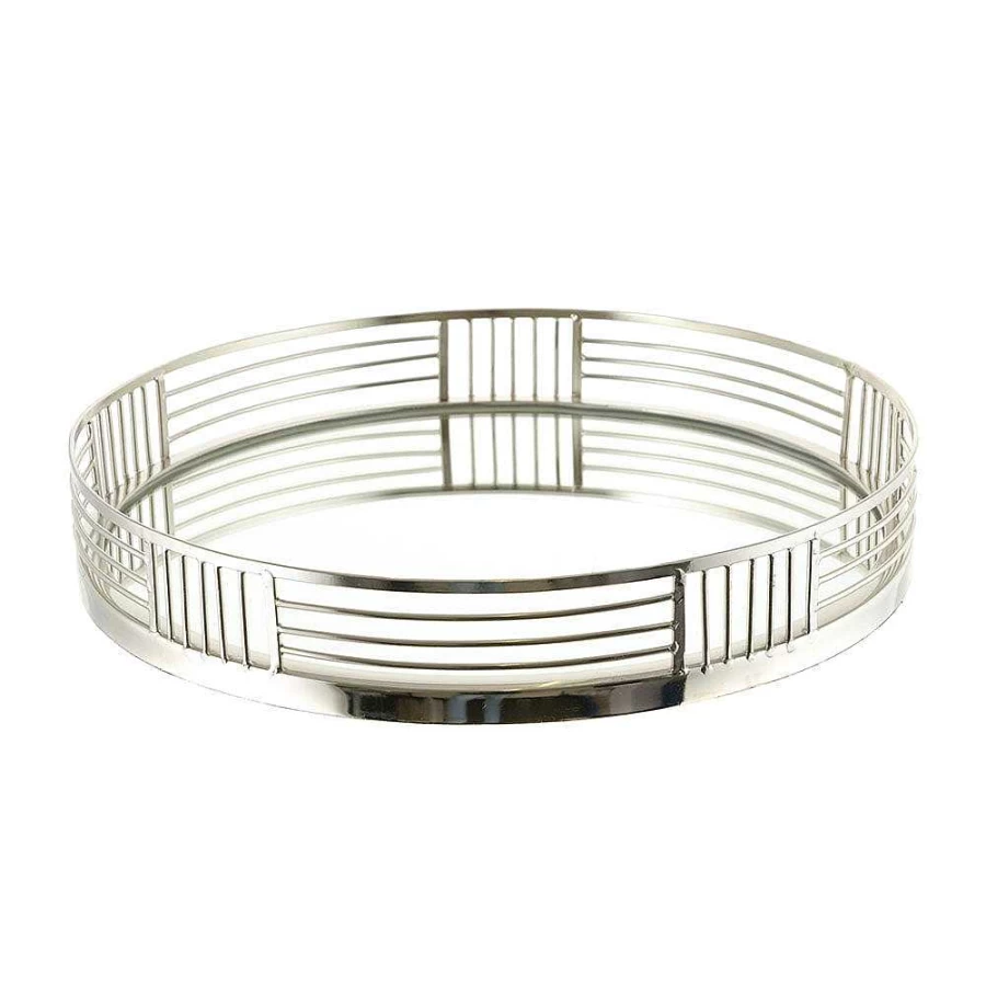 Wheel and Barrow Round Silver Tray with Mirror Base - 40cm Diameter, 6cm Height - Elegant Serving Tray