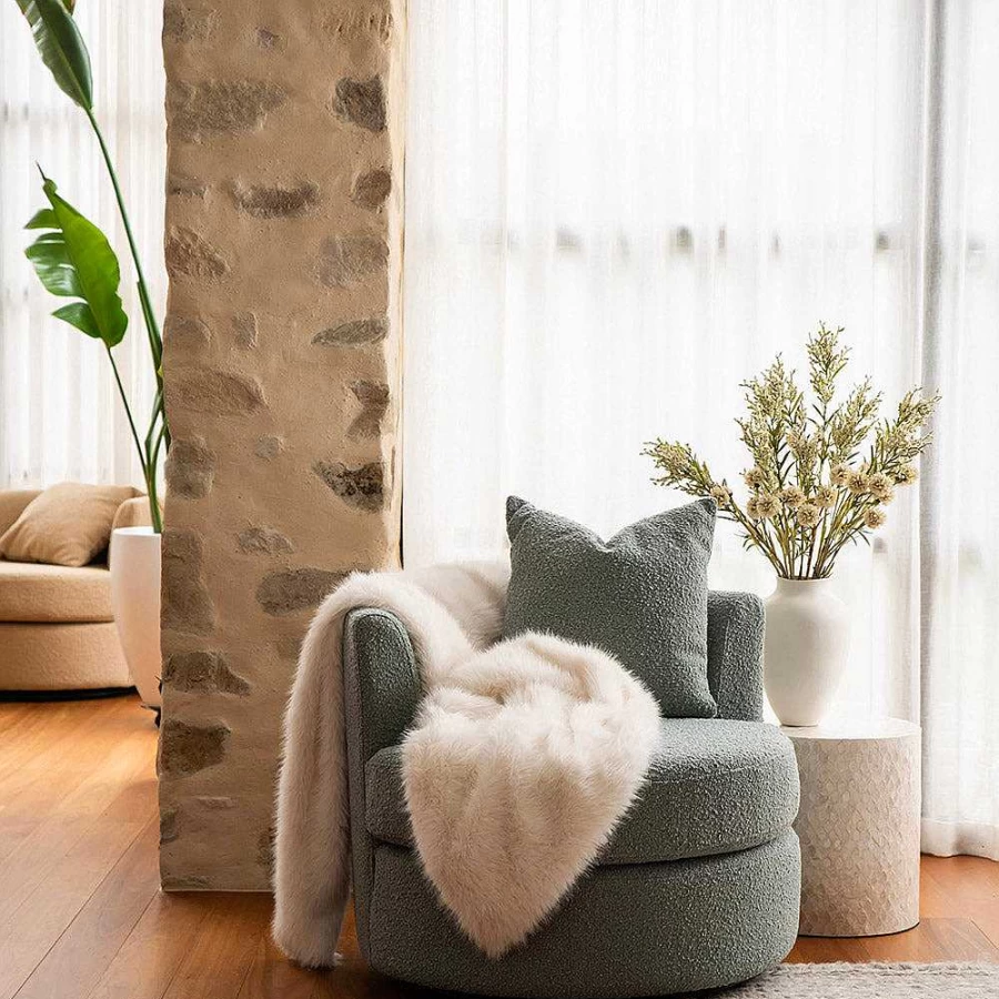 "Wheel and Barrow Swivel Chair in Sage Green Boucle Fabric – 87cm Height, 82cm Width, 80cm Depth"