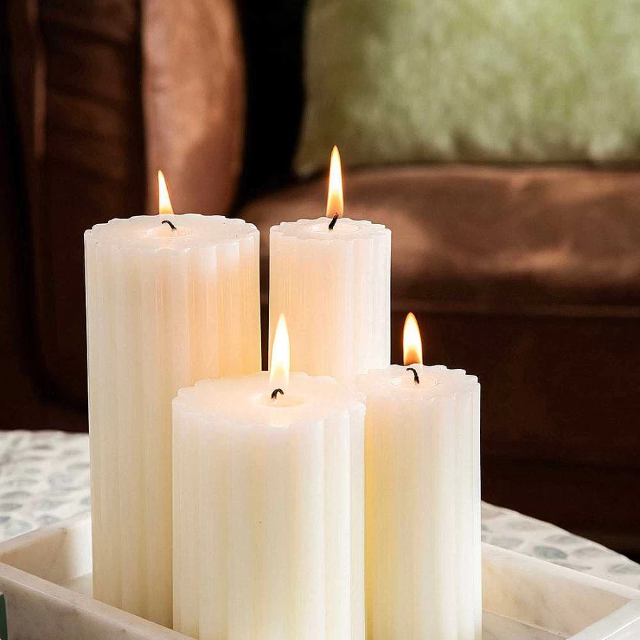 "Wheel and Barrow White Ribbed Pillar Candle - 5x10cm Elegant Decorative Candle"