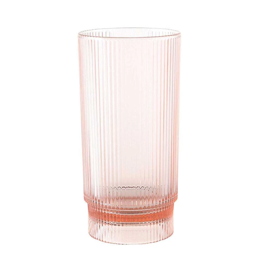 Wheel and Barrow Pink Acrylic Ribbed Highball Glass - 410ml, Shatterproof Barware, Retro Cocktail Drinkware