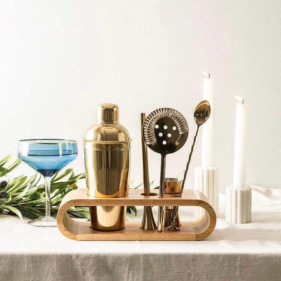 Wheel and Barrow Gold Stainless Steel Bar Tool Set with Natural Mango Wood Base