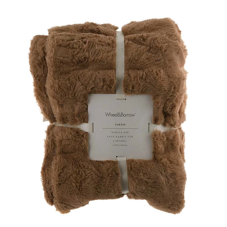 Wheel and Barrow Faux Rabbit Fur Throw Blanket 130x160 cm - Soft Ribbed Caramel Brown Luxury Blanket for Cozy Comfort