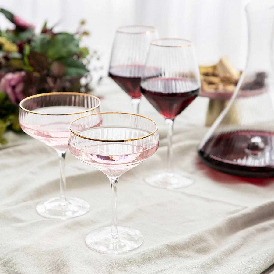 Wheel and Barrow Optic Coupe Glass with Gold Rim - 255ml Clear Crystal Champagne Flute for Cocktails and Drinks