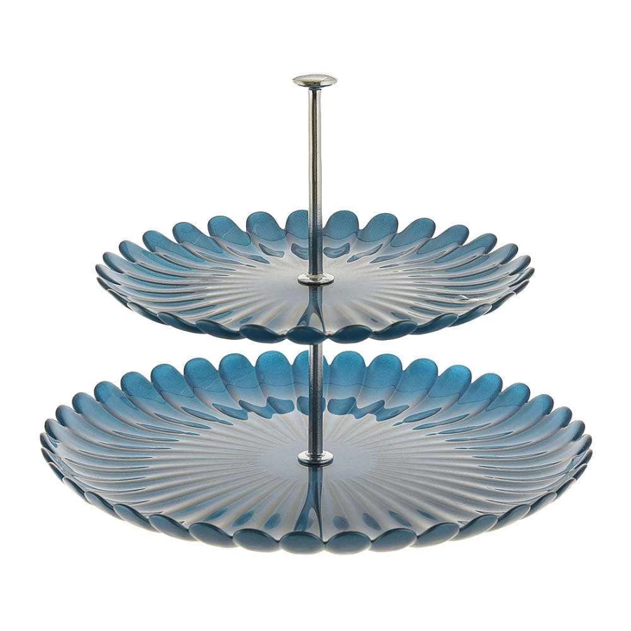 Wheel and Barrow 2-Tier Cake Stand with Silver Stem in Cornflower Blue - Elegant Rola Design for Desserts